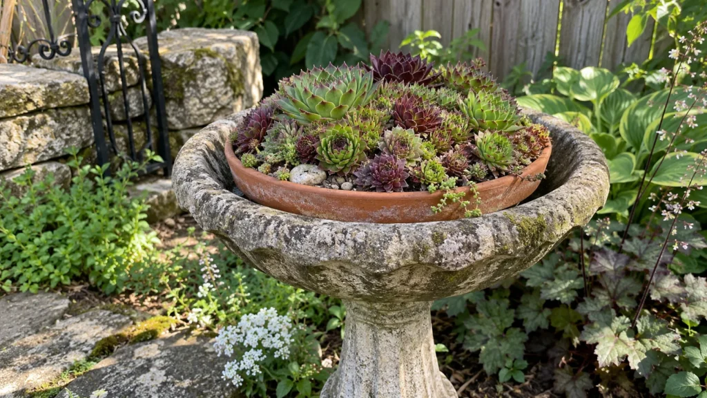 Birdbath succulent planter with rosettes