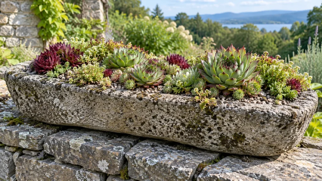 Hardy succulents in a hypertufa trough