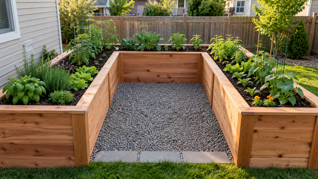 U-shaped wooden raised garden bed