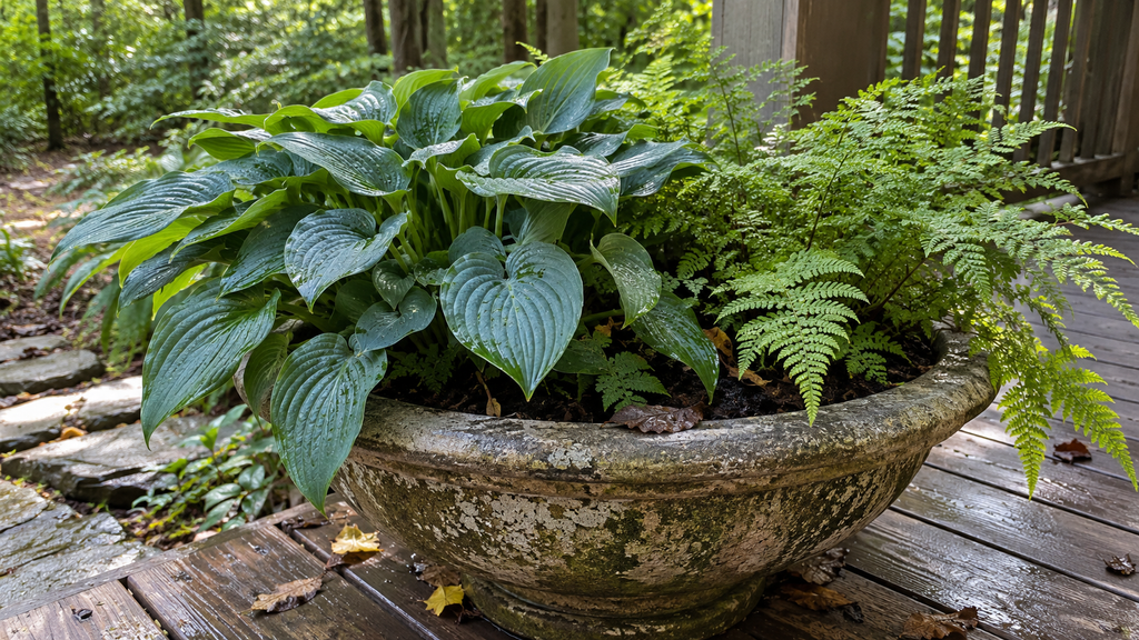 Hosta and fern planter