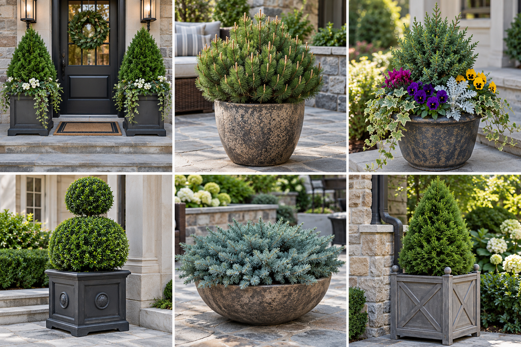 Six evergreen planter designs