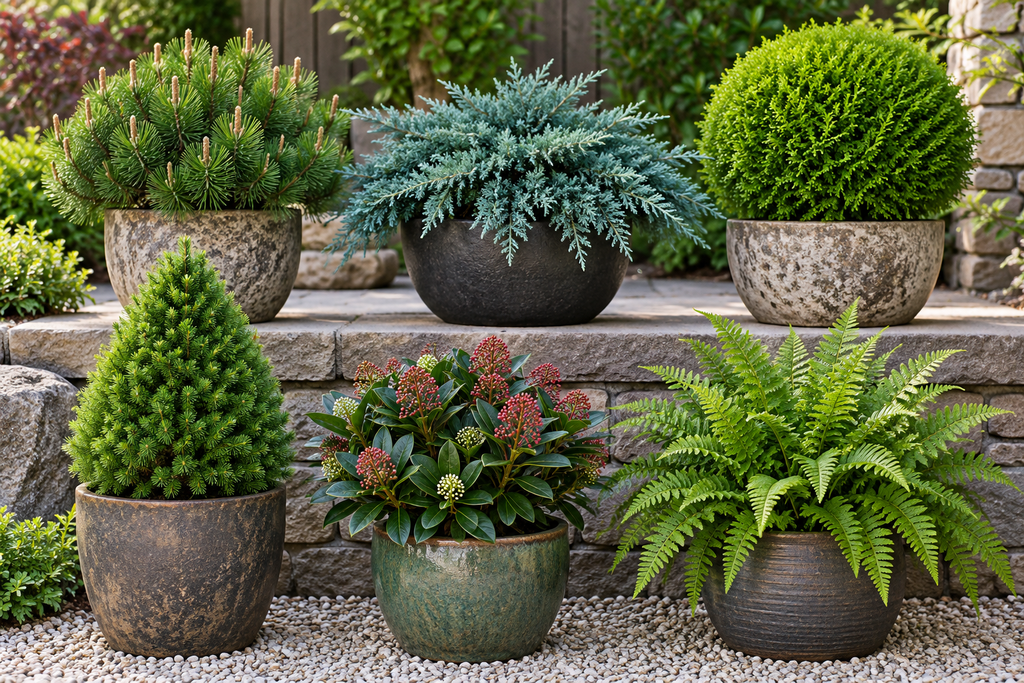 Six potted evergreen plants