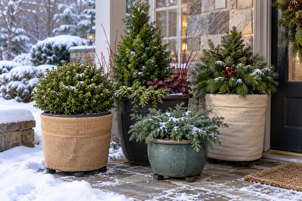 Winter-protected evergreen planters