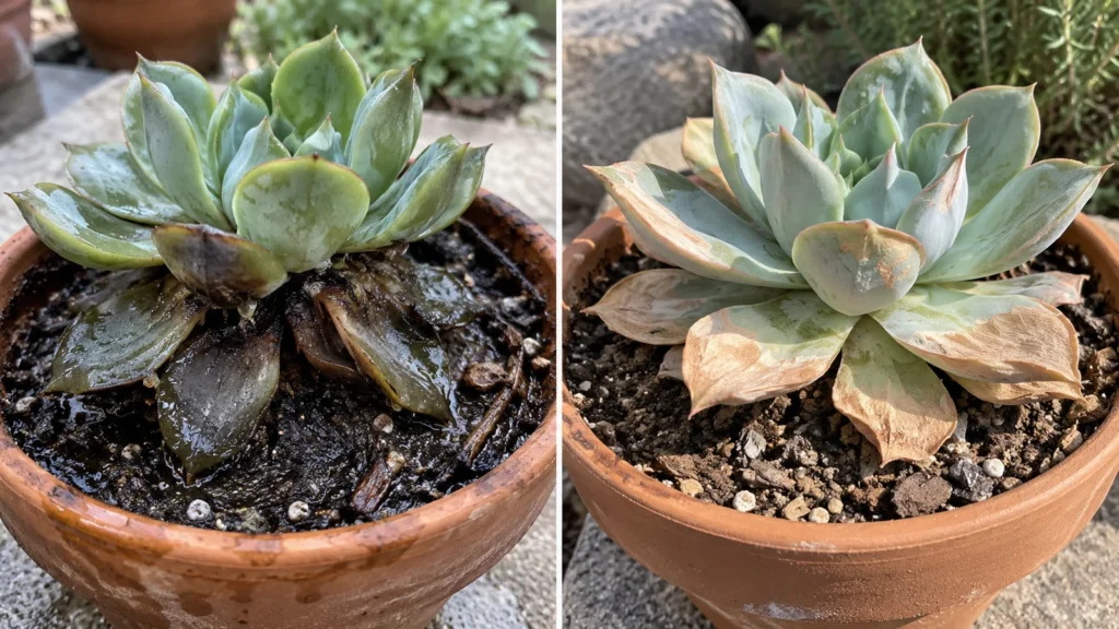 Succulent rot and sunburn comparison