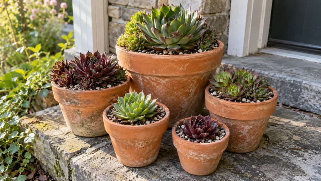 Terracotta pots with outdoor succulents